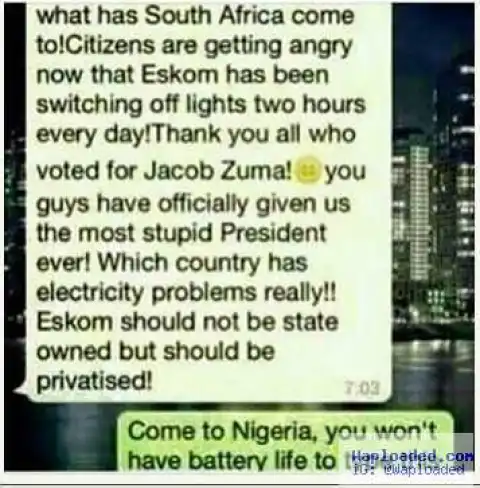Hilarious: Read a Nigerian Man's Response to the Complaints of a South African About 2hrs Power Outage
